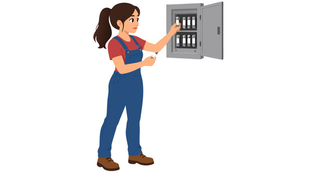 Young female electrician in blue overalls changing fuse in electrical fuse box on wall, flat vector illustration isolated on white background for home repair and maintenance safety