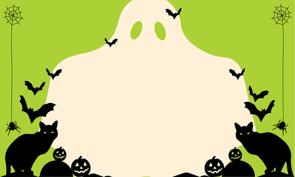 Halloween Party Invitation Template with Cute Ghost Black Cats and Pumpkins on Green Background