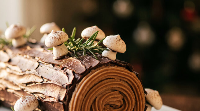 Yule log cake end decorated with meringue mushrooms and rosemary