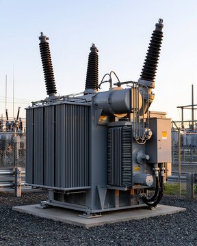 A large industrial transformer with three insulators stands tall in an outdoor electrical substation under a clear sky