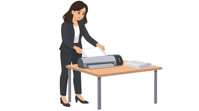Meticulous businesswoman in black business suit feeding single paper sheet through laminator machine on office desk to protect document, flat vector illustration isolated on white background