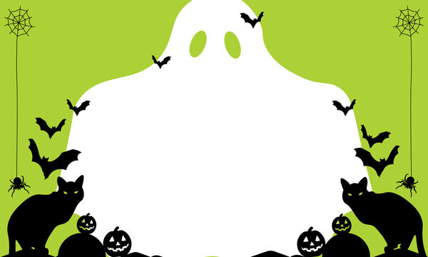 Halloween Party Invitation Template with Cute Ghost Black Cats and Pumpkins on Green Background