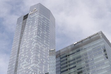 Fototapeta premium west elevation of Delta hotel, 75 Lower Simcoe and Marsh/McLennan office tower in the Southcore Financial area, Toronto