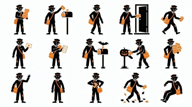 Black And Orange Two Tone Flat Vector Scarecrow Postal Carrier Spooky Letters Collection


