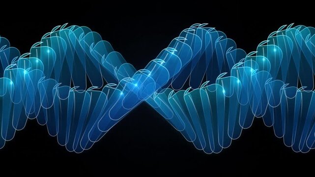 Abstract digital illustration of a glowing blue dna double helix structure against a dark black background