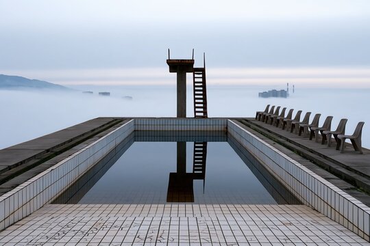 A deserted outdoor swimming pool with a diving board and row of chairs reflects the cloudy sky and a distant ship. The water is still and the scene feels isolated
