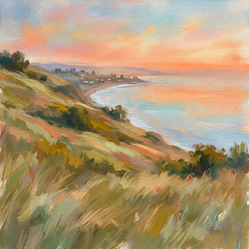 Coastal hillside overlooks a calm beach with a vibrant sunset in the distance