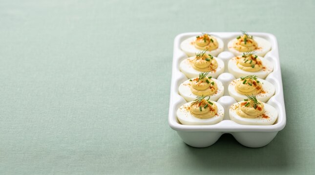 Deviled eggs sprinkled with paprika and chives served on a white ceramic egg tray on green tablecloth with copy space
