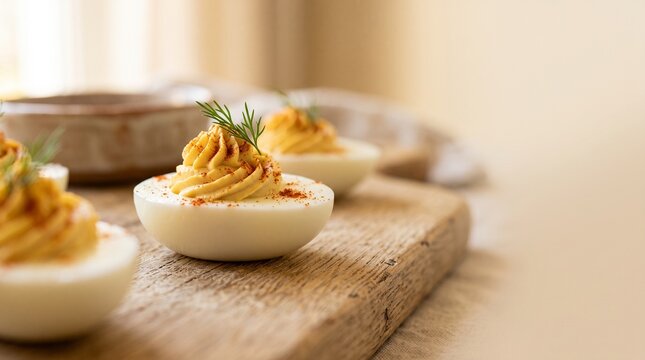 Classic deviled eggs garnished with paprika and fresh dill on a wooden platter