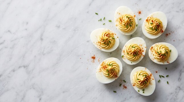 Top view of deviled eggs garnished with paprika and chives on a white marble surface