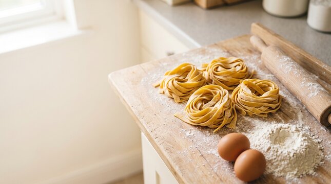 Fresh homemade tagliatelle pasta nests on a wooden board with flour eggs and rolling pin