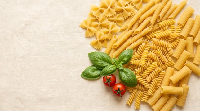 Various types of uncooked Italian pasta with fresh basil and cherry tomatoes on beige linen background with copy space