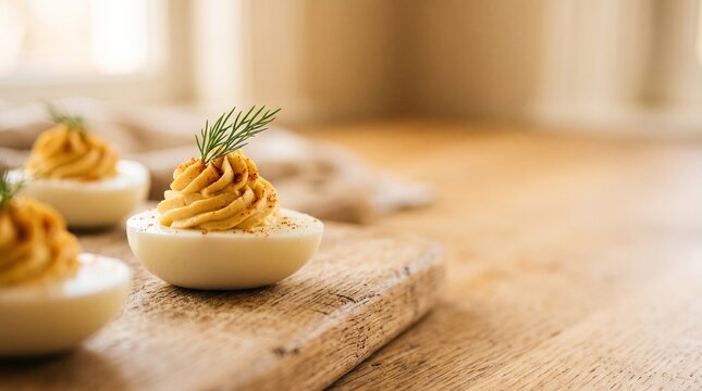 Classic deviled eggs garnished with paprika and fresh dill on a wooden platter