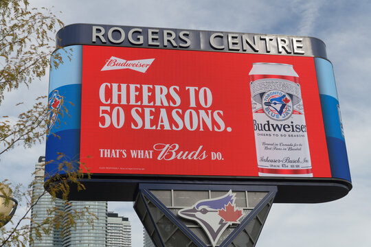 Rogers Centre Gardiner Pylon featuring advertising for Budweiser beer x Toronto Blue Jays