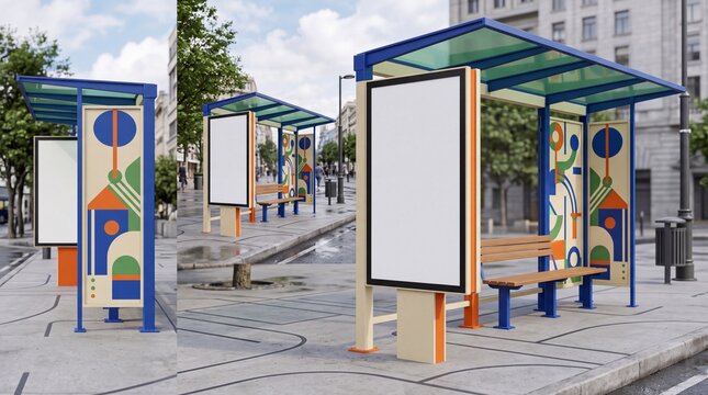 Modern bus stop shelter with blank advertising billboards on a city street.