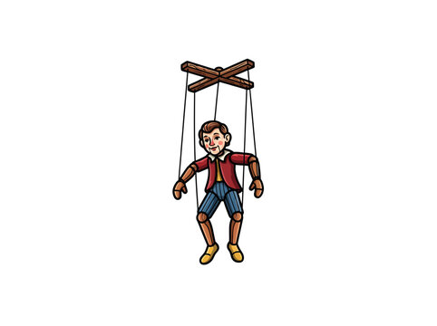 Colorful Marionette Puppet Hanging From Wooden Control Bars With Strings Vector Illustration