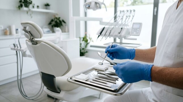 Dentist holding metal tools on a tray in a modern dental clinic with