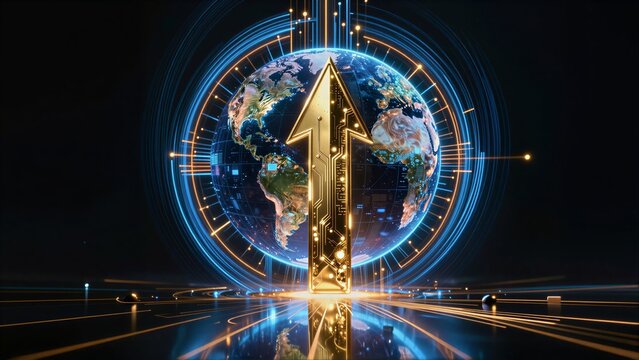 Futuristic globe with glowing arrow, digital circuits, and radiant light beams.