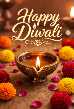 Traditional Diwali Celebration Featuring Lit Oil Lamp Surrounded By Marigold Flowers