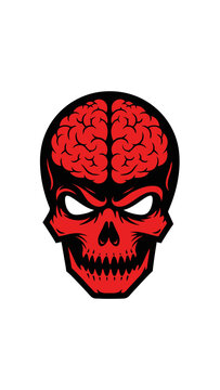 A menacing red skull with an exposed brain and glowing white eyes, depicted in a bold graphic style.