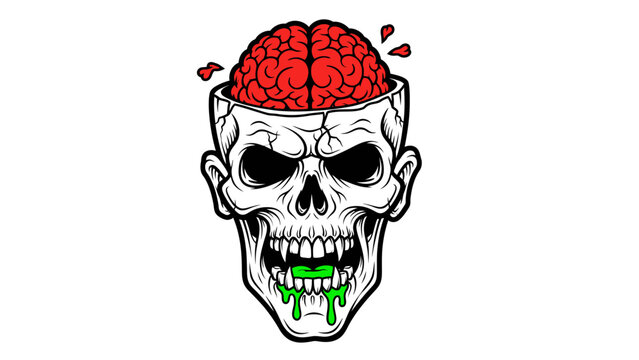 A creepy illustration of a skull with a brain exposed and dripping green slime.