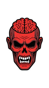 Red zombie head with exposed brain and sharp teeth, cartoon illustration.