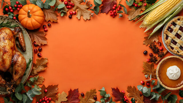 Thanksgiving dinner table setting with roasted turkey, pumpkin, corn, and pies on orange background with autumn leaves and berries, top view with copy space