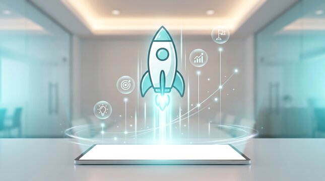 3D render of a rocket ship launching from a tablet screen with floating business icons in a bright modern office boardroom setting representing startup growth and business success
