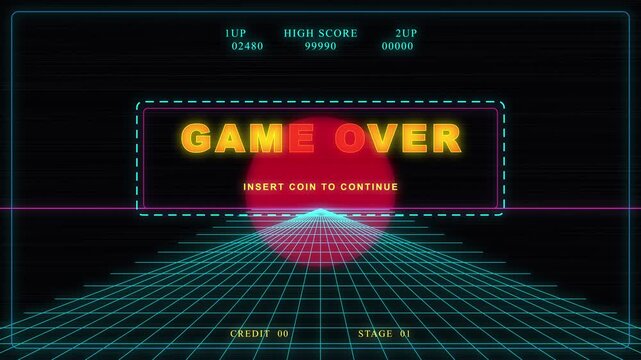 Retro game over arcade screen with neon grid and glowing sunset animation