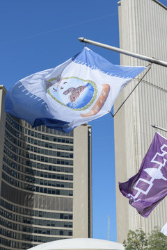 permanent Indigenous flag installation along the east overhead walkway at Nathan Phillips Square, Toronto