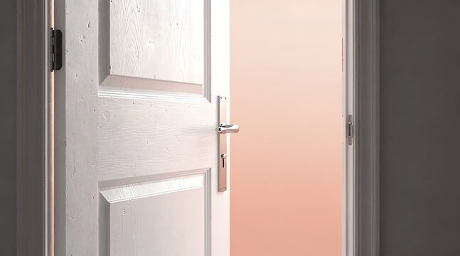 White wooden door opens to reveal a warm glowing light inside a modern interior.
