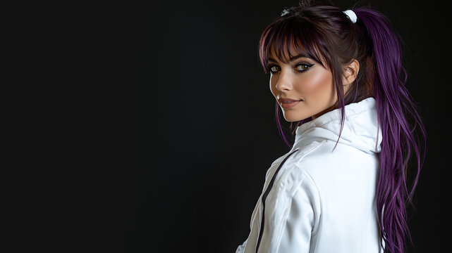 Purple hair sport woman athlete wearing white sportswear smiling isolated on black background