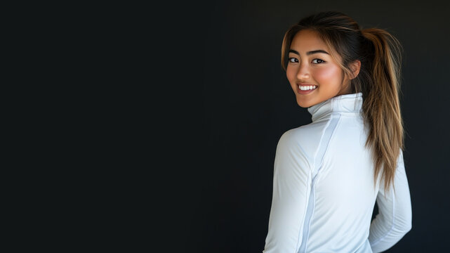 Korean sport woman athlete wearing white sportswear smiling isolated on black background