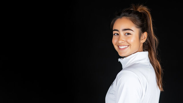 Japanese sport woman athlete wearing white sportswear smiling isolated on black background