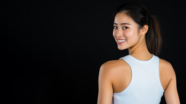 Chinese sport woman athlete wearing white sportswear smiling isolated on black background