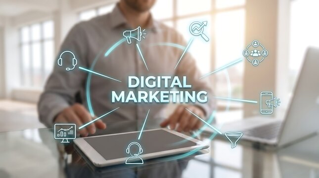 Digital marketing concept with glowing icons on tablet screen showing social media strategy and search engine optimization tools held by businessman in bright office workspace setting