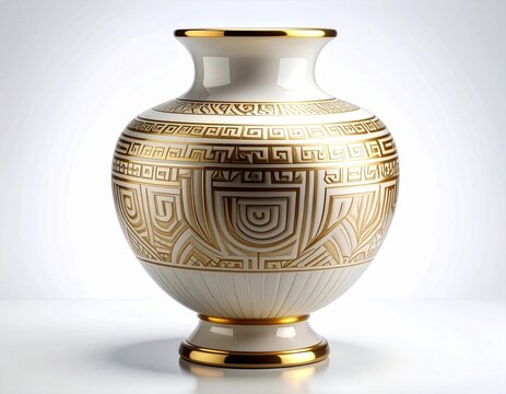 White Ceramic Vase with Ancient Greek and Futuristic Gold Geometric Ornament