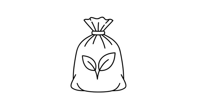 Black outline vector icon of a tied compost bag with gathered top and two-leaf seedling emblem on front rendered in medium lines in centered composition suggesting eco-friendly waste handling