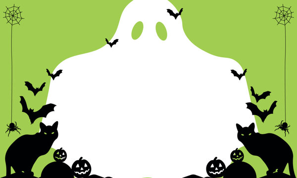 Halloween Party Invitation Template with Cute Ghost Black Cats and Pumpkins on Green Background