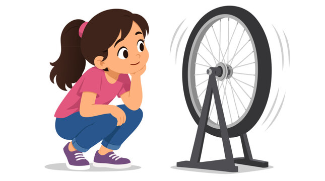 Curious young girl in pink shirt crouching and watching spinning bicycle wheel on stand learning gyroscopic motion physics experiment in bold flat vector illustration style for kids science education