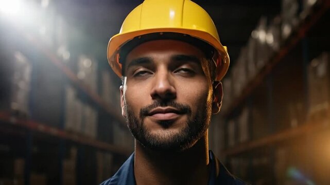 Smiling young male warehouse worker wearing yellow hard hat in a distribution center looking up with optimistic expression representing industrial safety and career growth