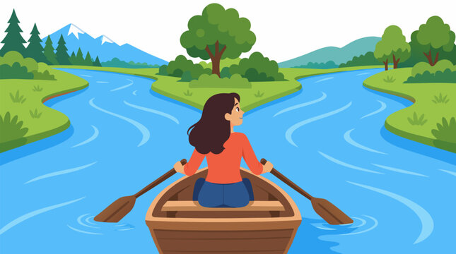 Hopeful young woman rowing wooden boat arriving at fork where wide blue river splits into two separate branches choosing path surrounded by green hills trees and mountains symbolizing choice