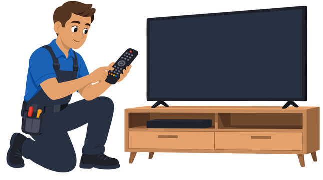 Cheerful technician in blue uniform kneeling and programming a universal remote control to set up a new flat screen TV on wooden stand, home entertainment installation service concept