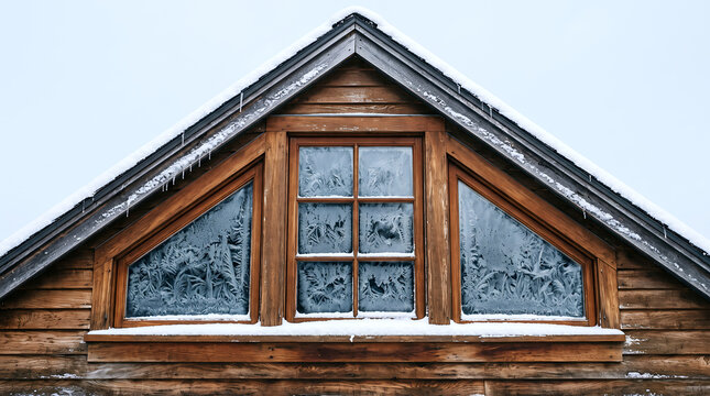 Frost patterns on a wooden attic window, triangular gable roof with snow and icicles on a cold winter day, rustic cabin exterior detail