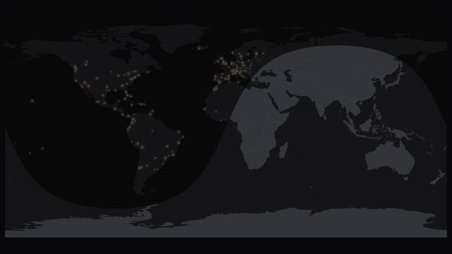 Day and night cycle on a monochrome world map. Seamless looping 4K animation of the day/night terminator crossing a monochrome world map at the December solstice.