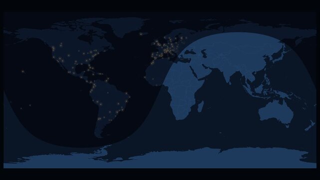 Day and night terminator crossing the world map. Seamless looping 4K animation of the day/night terminator sweeping across the world at the December solstice.