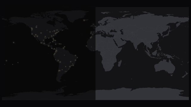 Day and night cycle on a monochrome world map. Seamless looping 4K animation of the day/night terminator crossing a monochrome world map at an equinox.