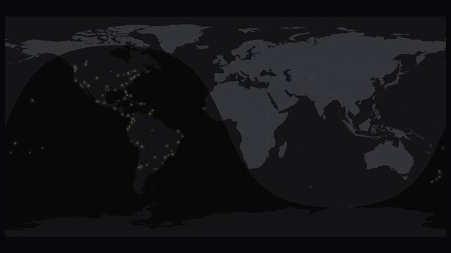 Day and night cycle on a monochrome world map. Seamless looping 4K animation of the day/night terminator crossing a monochrome world map at the June solstice.