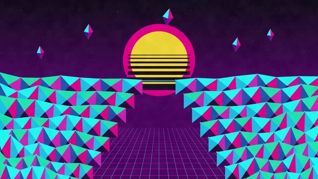 Retro pixel art sunset landscape animation with synthwave glowing sun, neon grid, 8bit landscape, cyberpunk video loop, vibrant colors, nostalgic mood