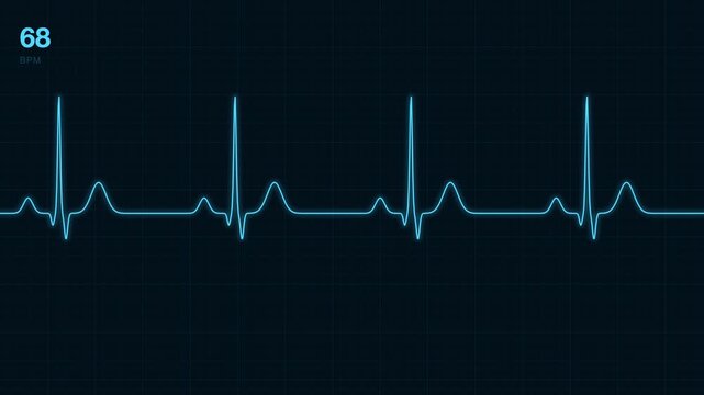 ECG heart rate line, cyan monitor. Seamless looping 4K animation of an ECG heart rate trace on a cyan monitor.